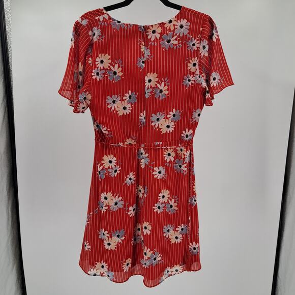 Madewell Mini Dress 6 Button Wrap Tie Floral Flutter Sleeve‎ Daisy Society Red - Picture 9 of 11